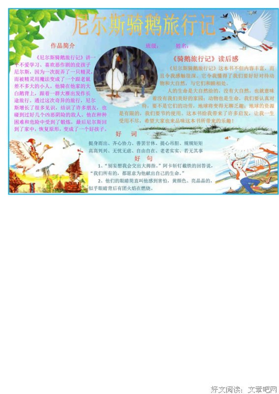 尼尔斯骑鹅历险记读后感摘抄